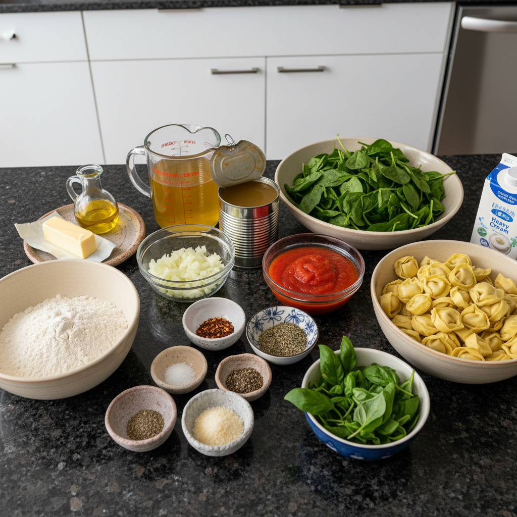 tortellini-soup-ingredients Fresh ingredients laid out for a delicious tortellini soup, including pasta, vegetables, and broth.