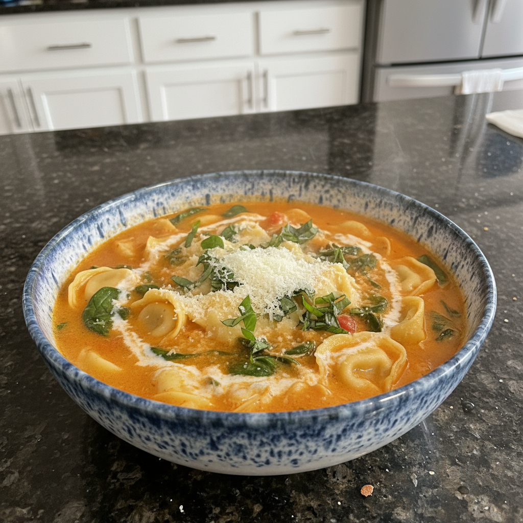 Roasted Tomato & Garlic Creamy Tortellini Soup (The BEST!) 2 A steaming bowl of hearty tortellini soup garnished with fresh basil, ready to enjoy.