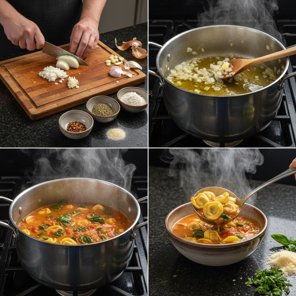 tortellini-soup-preparation-step A pot simmering on the stove, preparing a savory tortellini soup with vegetables.